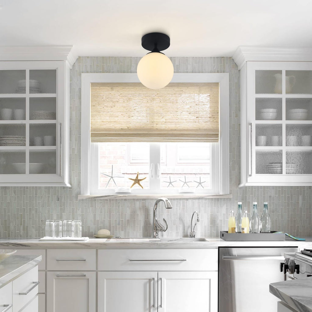 Black Milk Glass Globe Semi Flush Light
