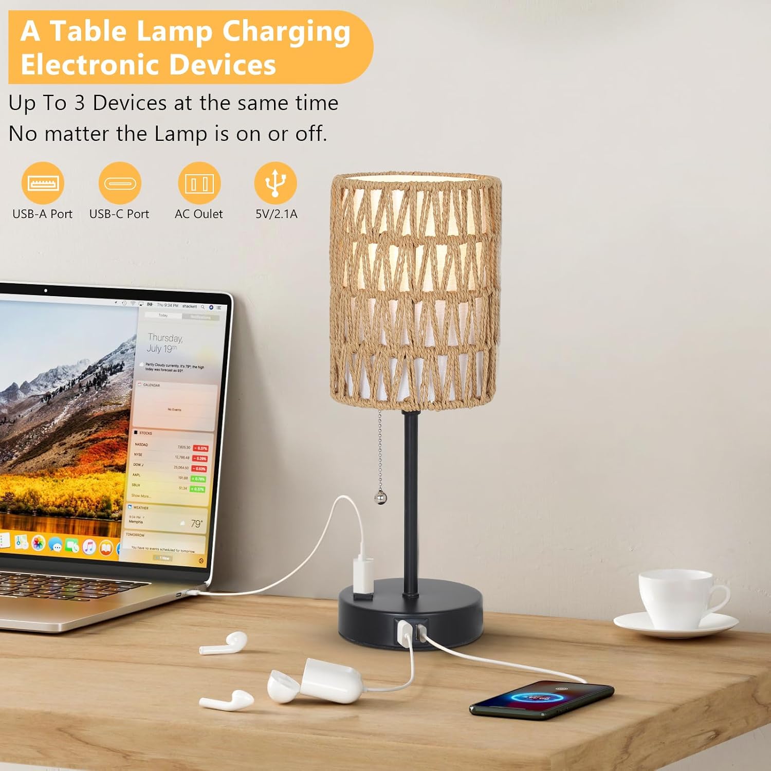 USB Rattan Table Lamp Set