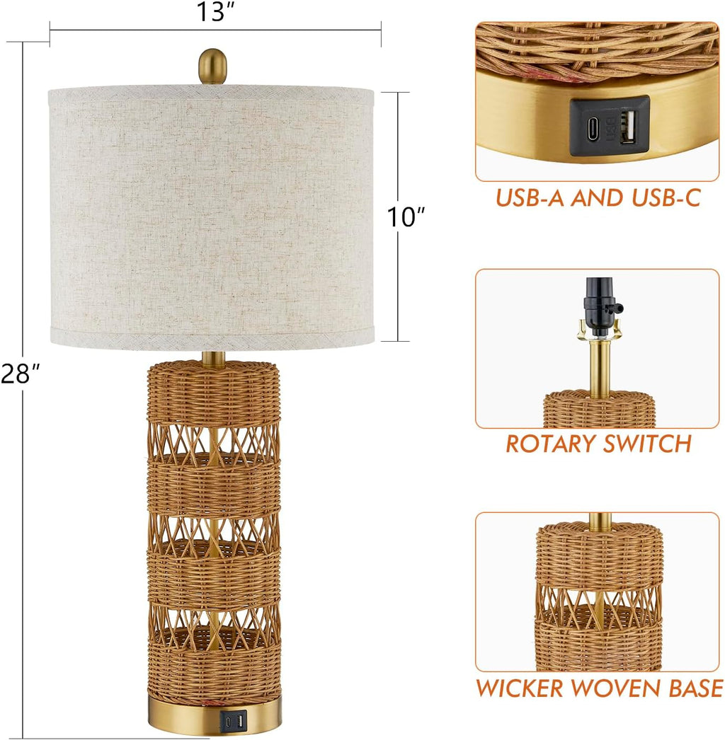 2 Rattan Bedside Table Lamps Set