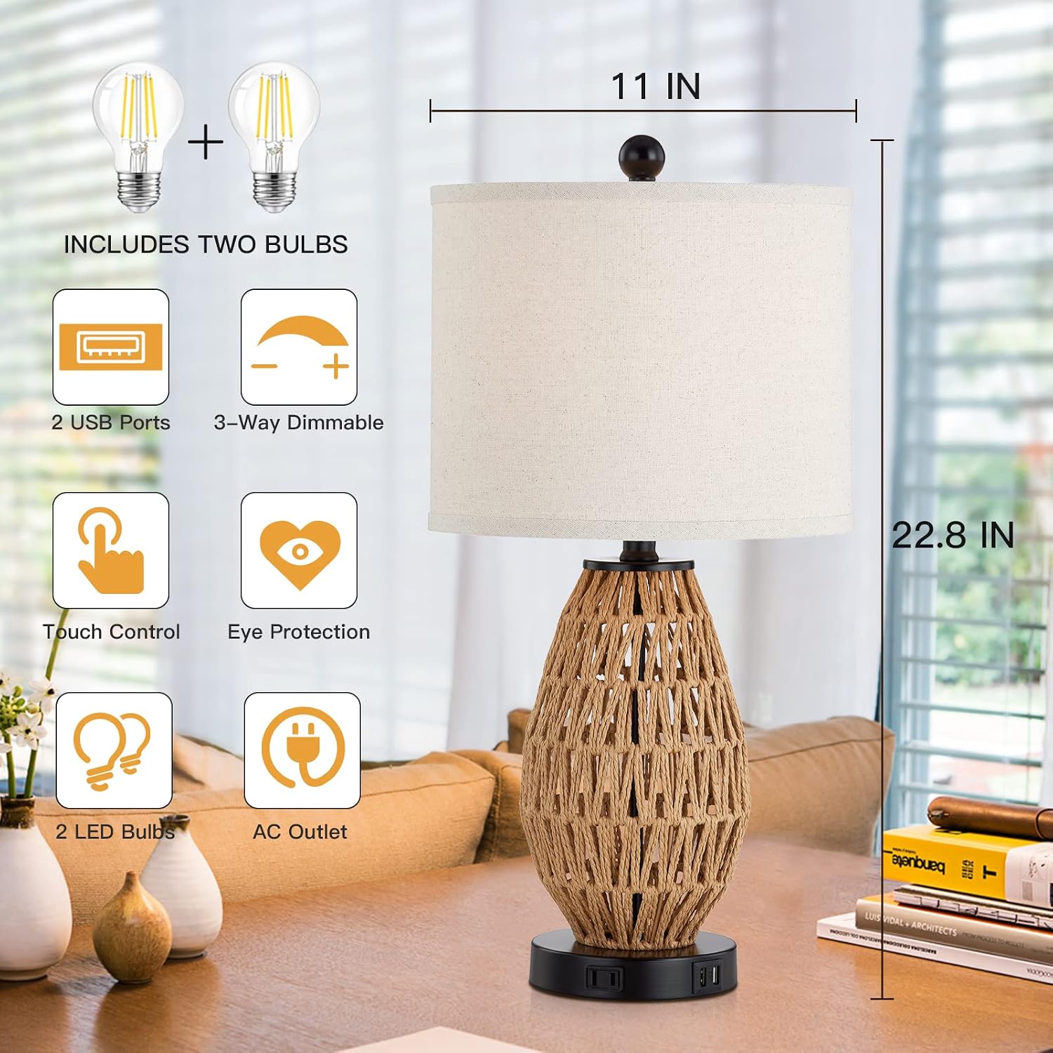 Touch Dimmable Rattan USB Table Lamp