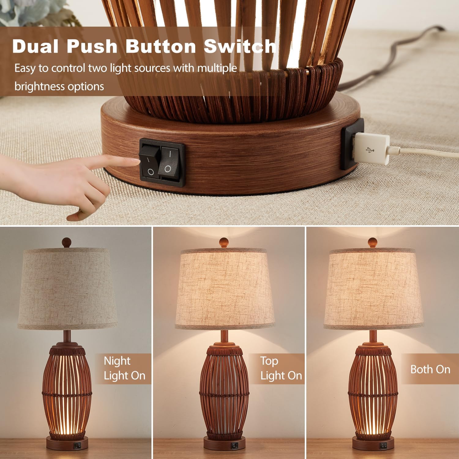 27" Bamboo USB Table Lamps Set