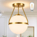 10" Brass Milk Glass Globe Semi Flush Ceiling Light