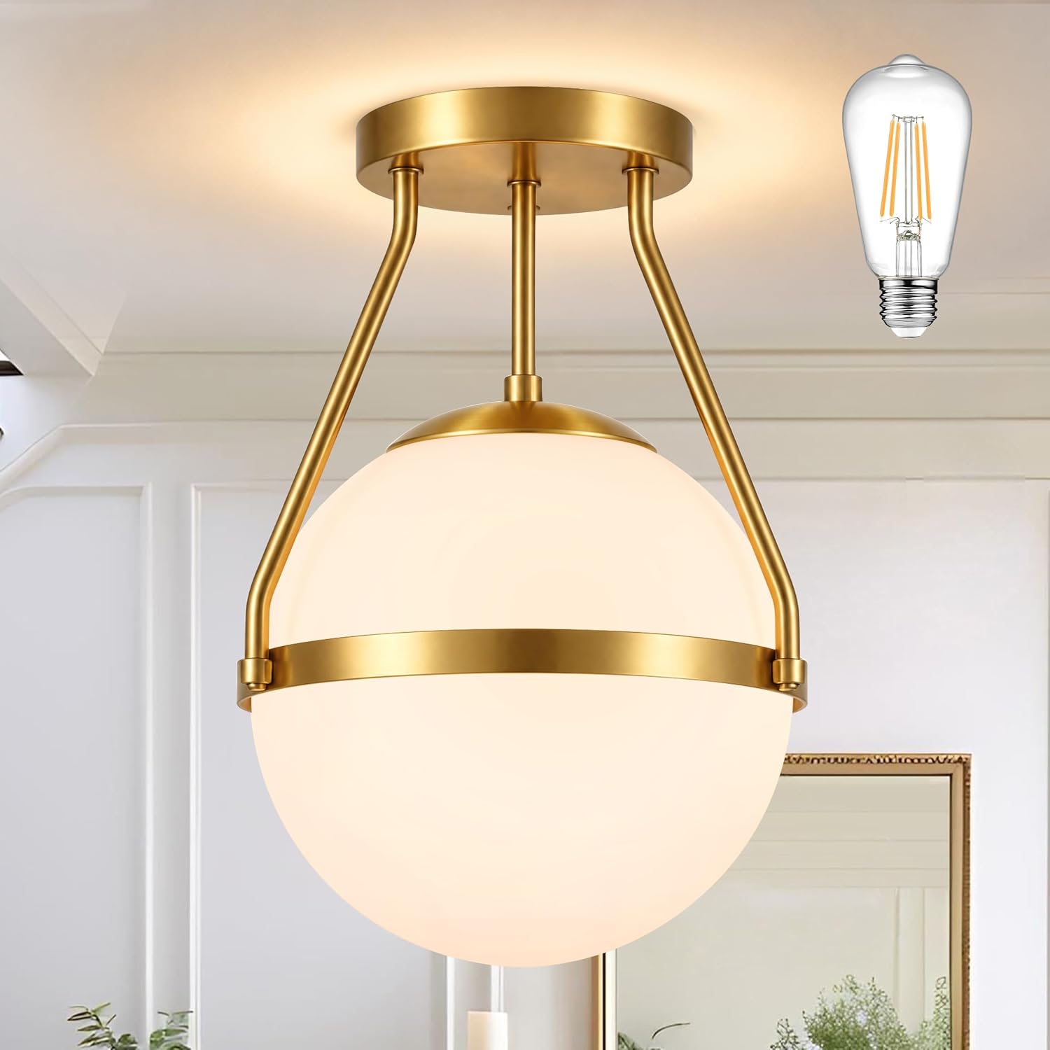 10" Brass Milk Glass Globe Semi Flush Ceiling Light