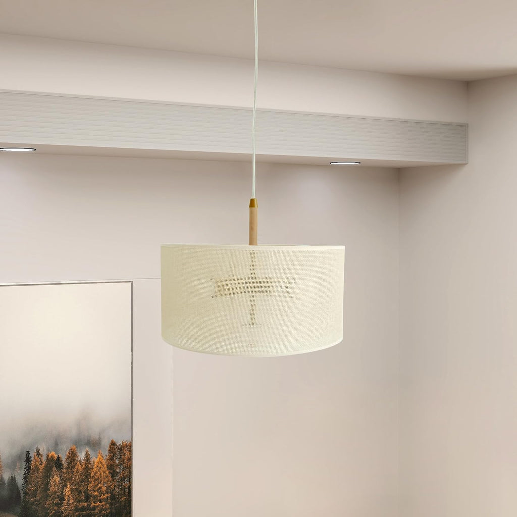 Woven Wood Accent Drum Pendant Light