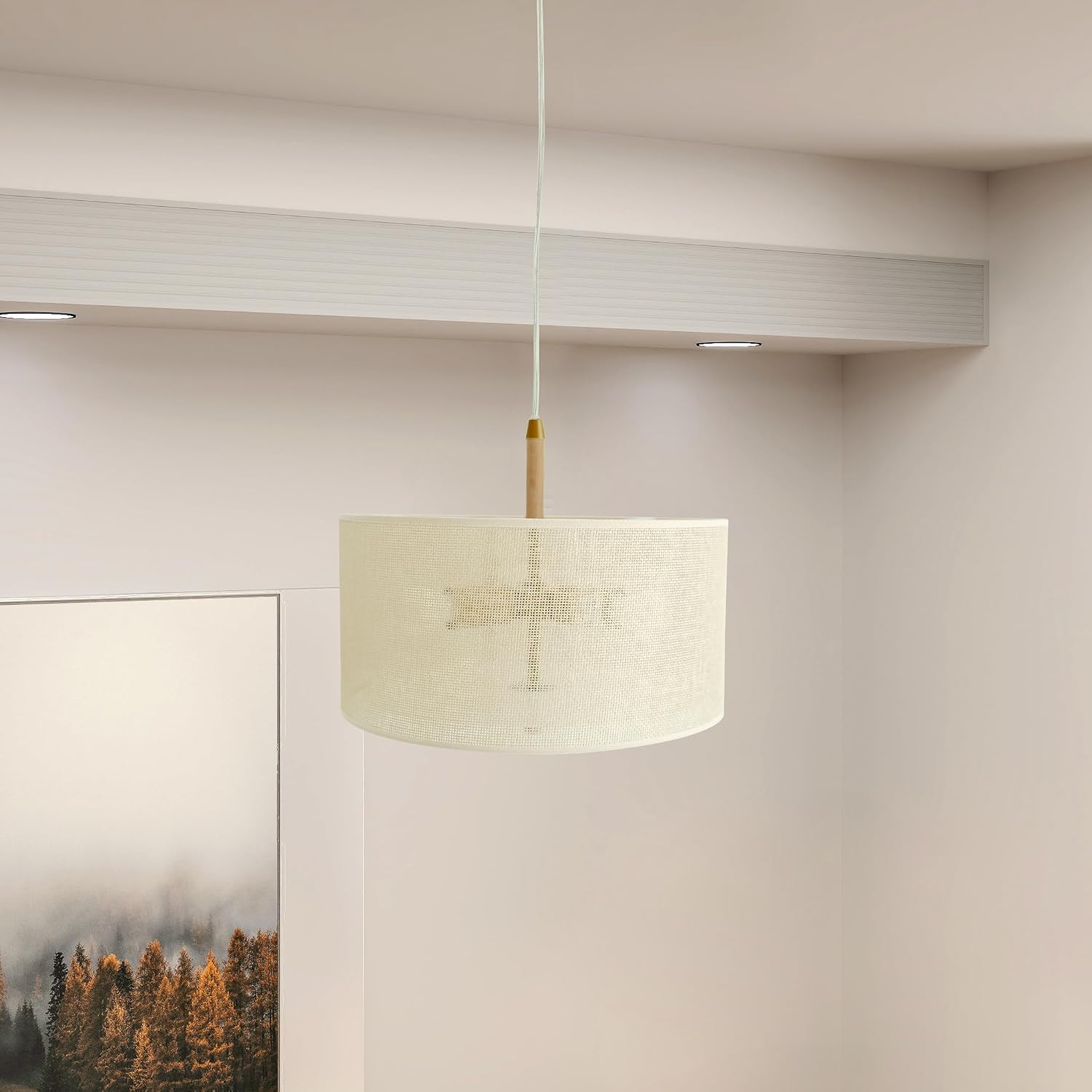 Woven Wood Accent Drum Pendant Light