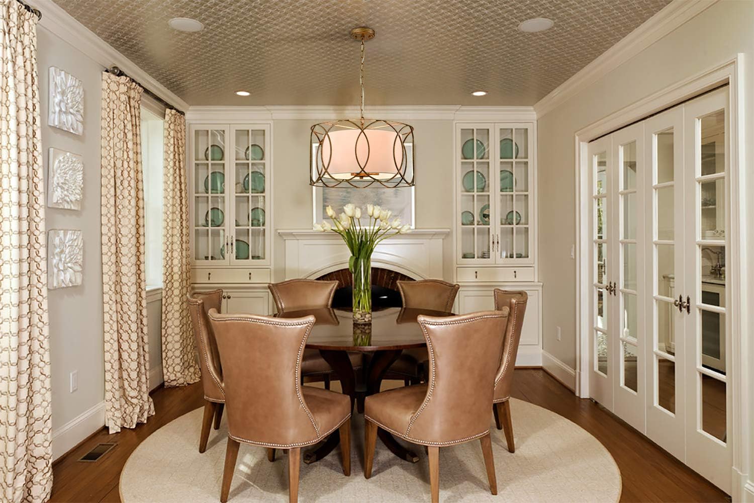 3-Light Brass Linen Drum Chandelier