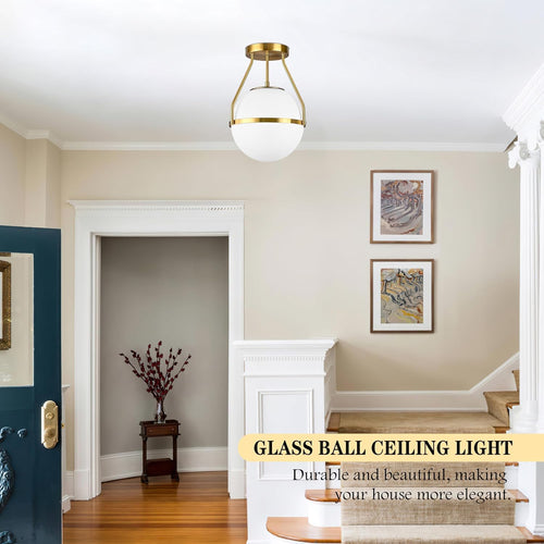 10" Brass Milk Glass Globe Semi Flush Ceiling Light