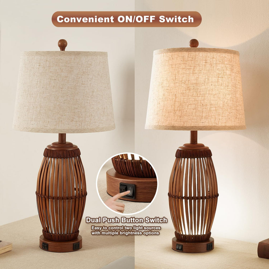 27" Bamboo USB Table Lamps Set
