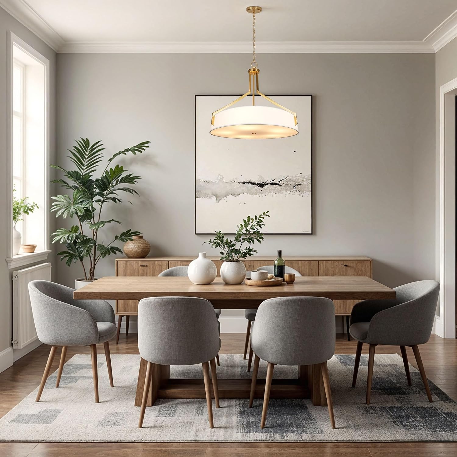 5-Light Gold Linen Drum Pendant