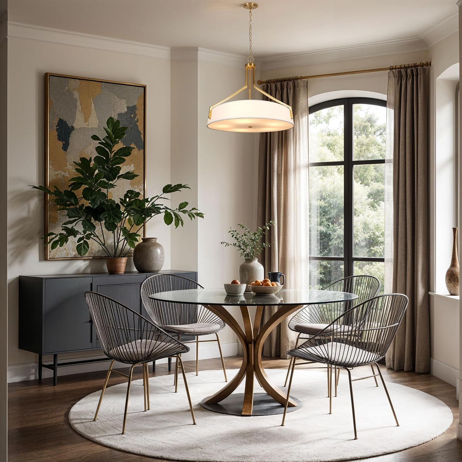 5-Light Gold Linen Drum Pendant