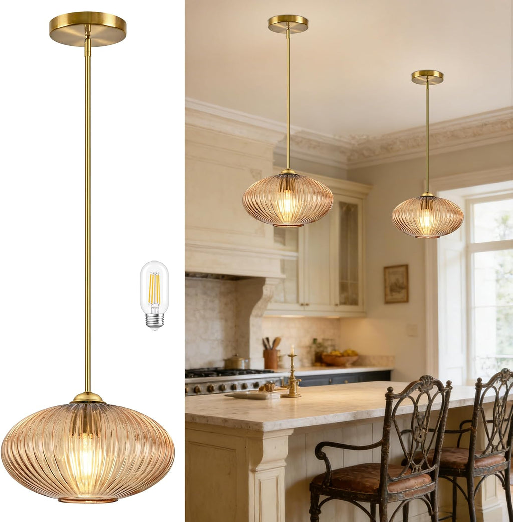 Amber Ribbed Glass Pendant Light