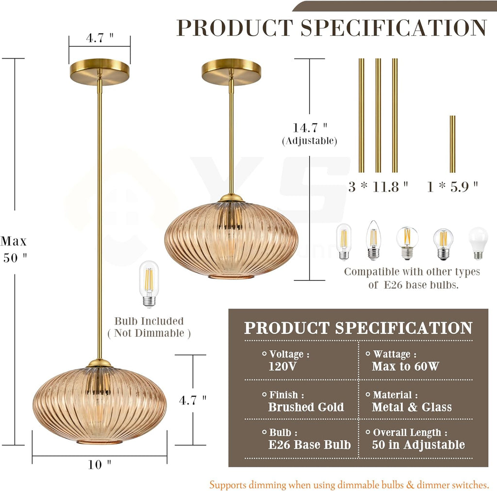 Amber Ribbed Glass Pendant Light