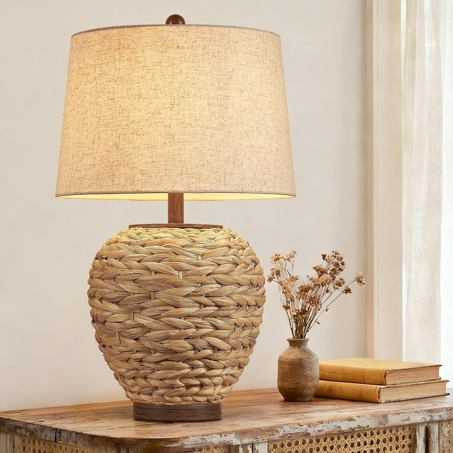 26" Rattan Linen Table Lamp