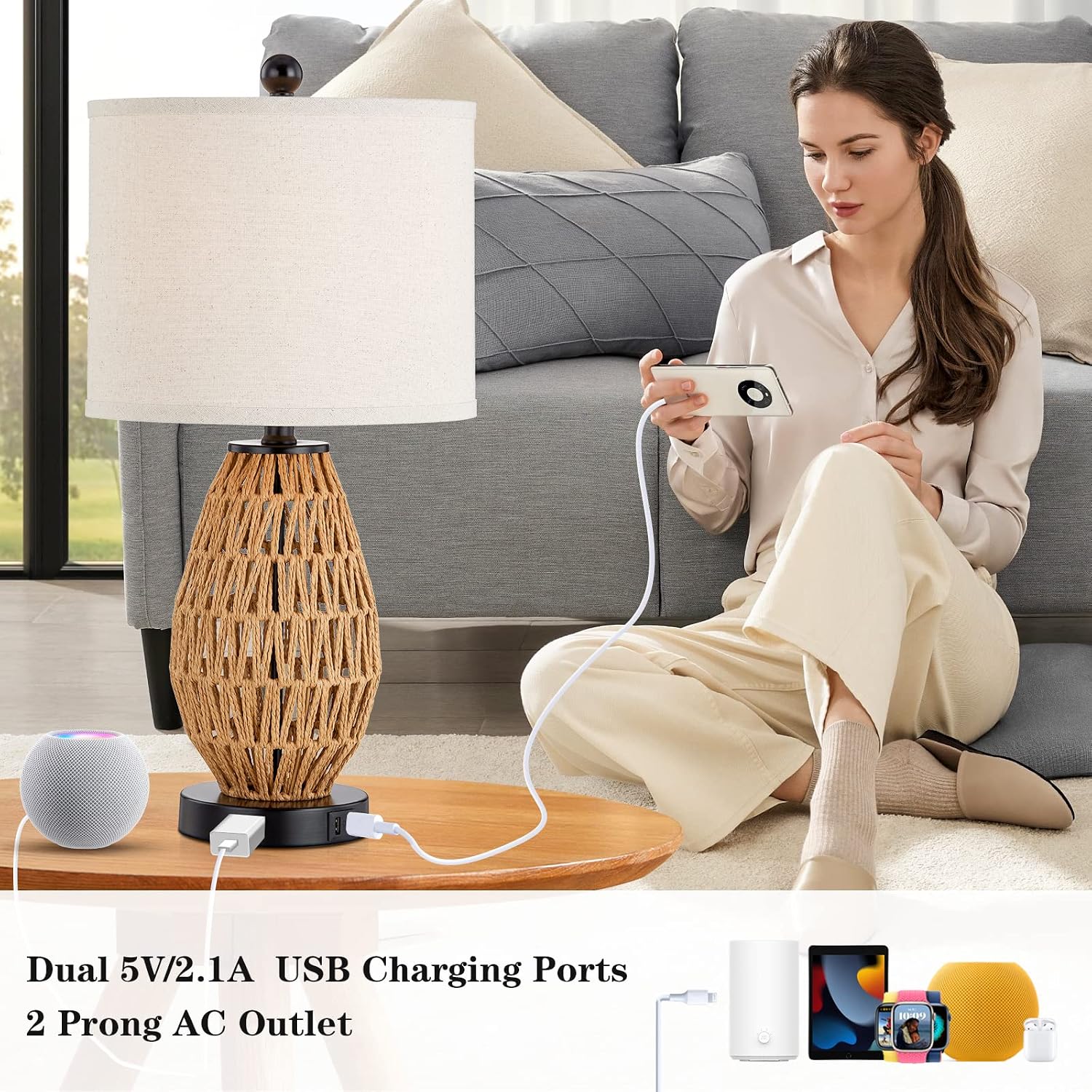 Touch Dimmable Rattan USB Table Lamp