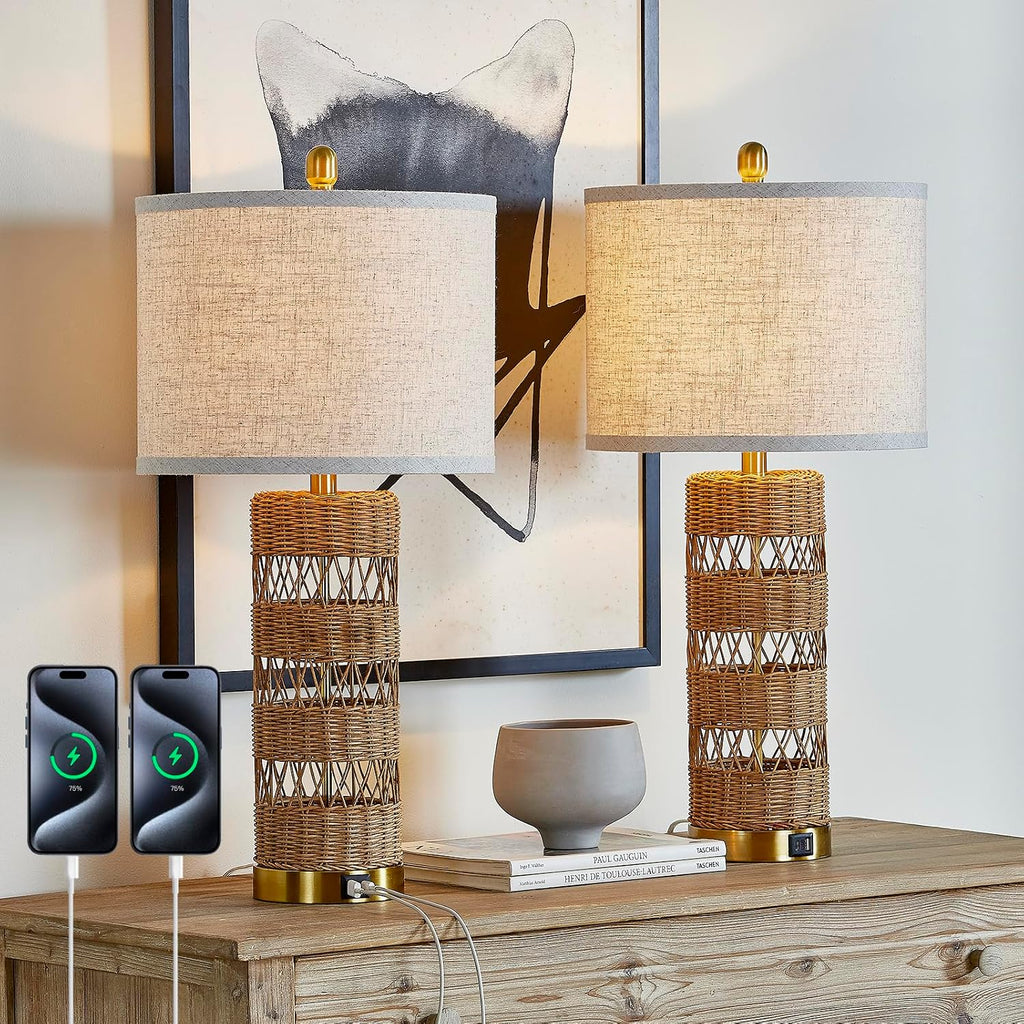 2 Rattan Bedside Table Lamps Set