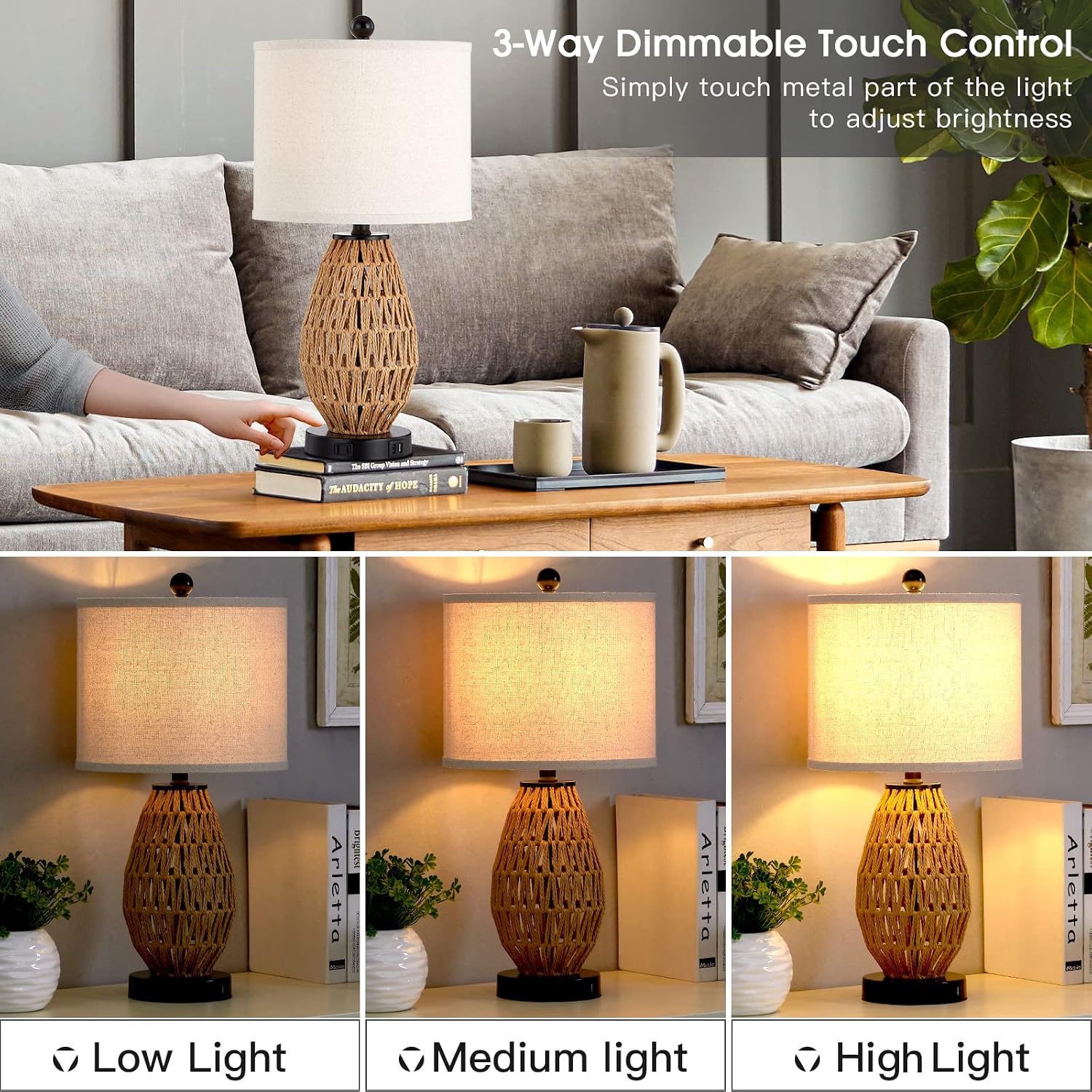 Touch Dimmable Rattan USB Table Lamp