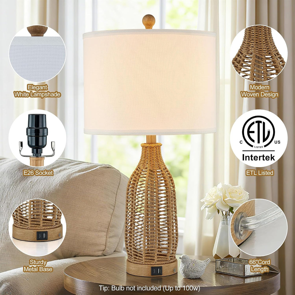 24.5" Rattan USB A+C Table Lamps Set
