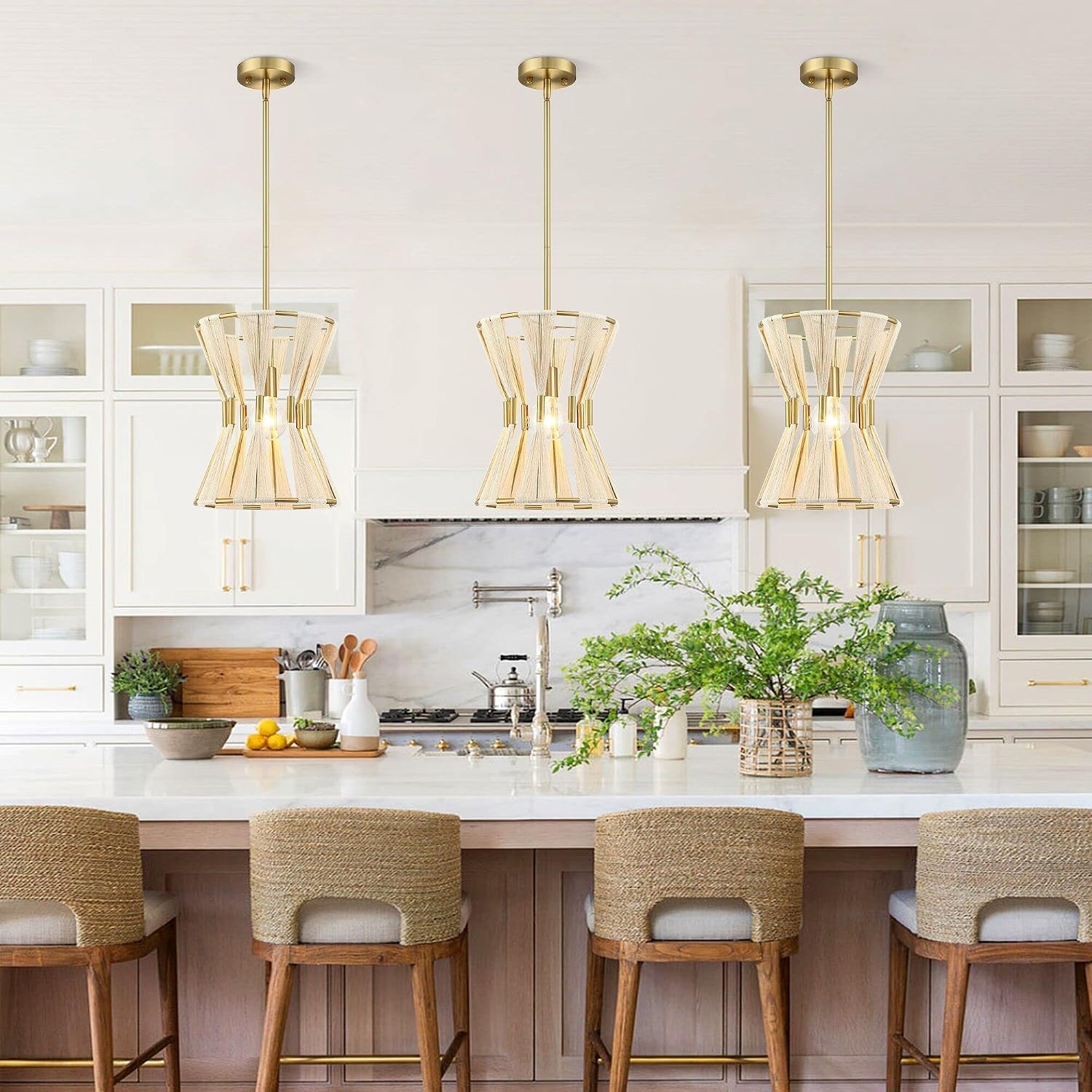 Gold Rope Coastal Boho Drum Pendant Light
