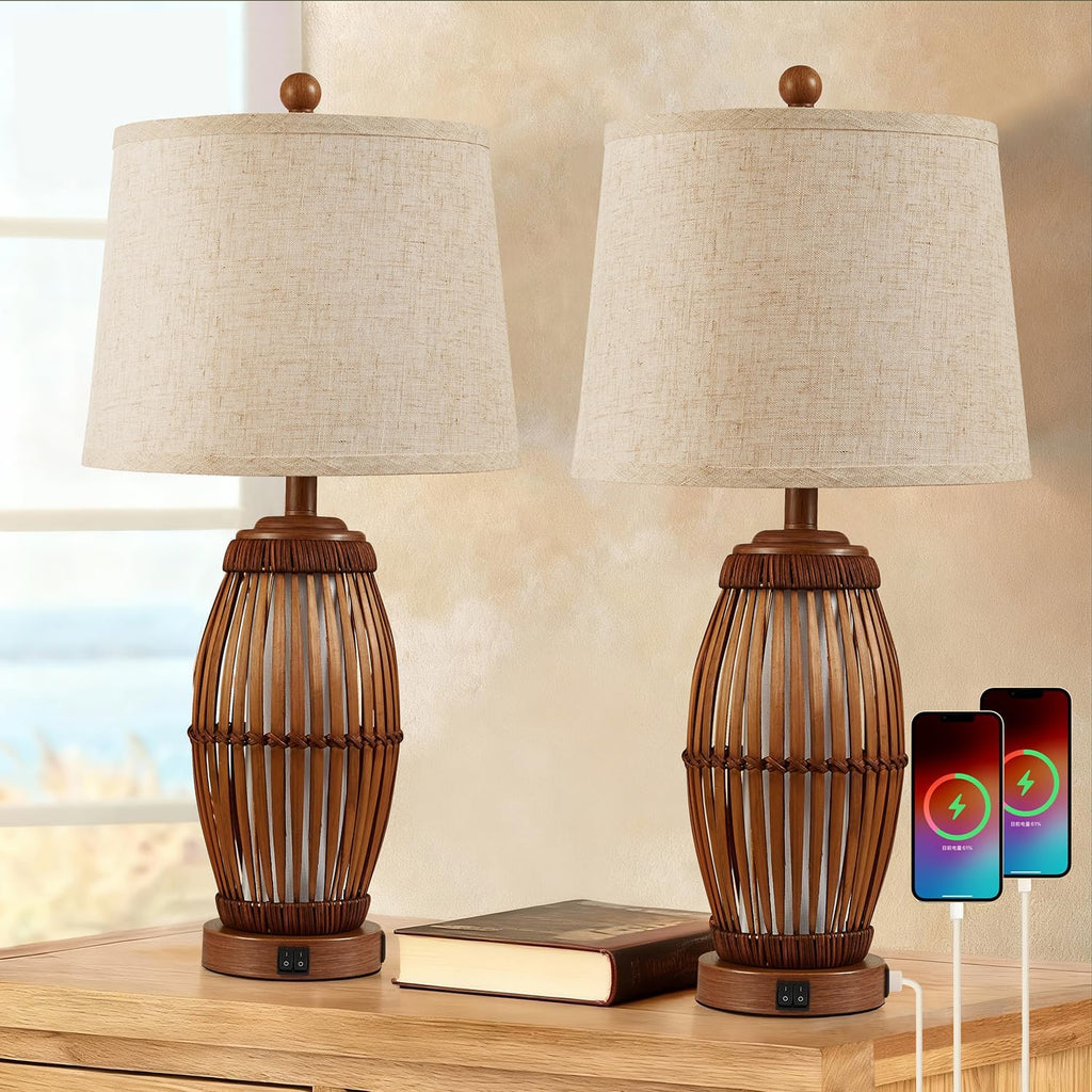 27" Bamboo USB Table Lamps Set