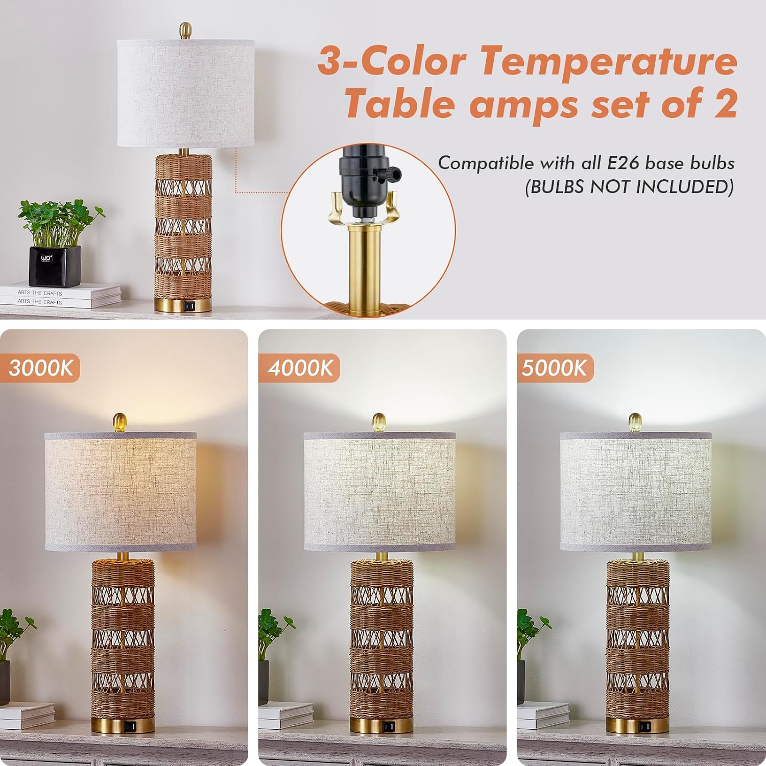 2 Rattan Bedside Table Lamps Set