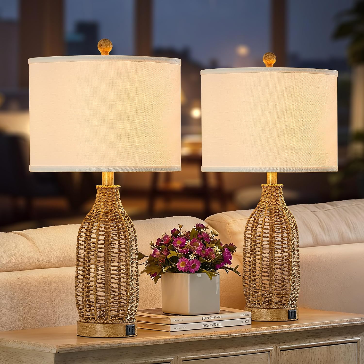 24.5" Rattan USB A+C Table Lamps Set