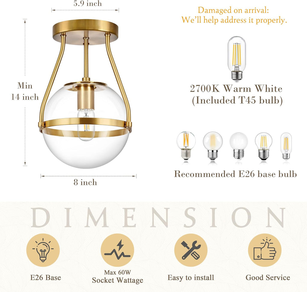 8" Gold Clear Glass Globe Semi Flush Ceiling Light