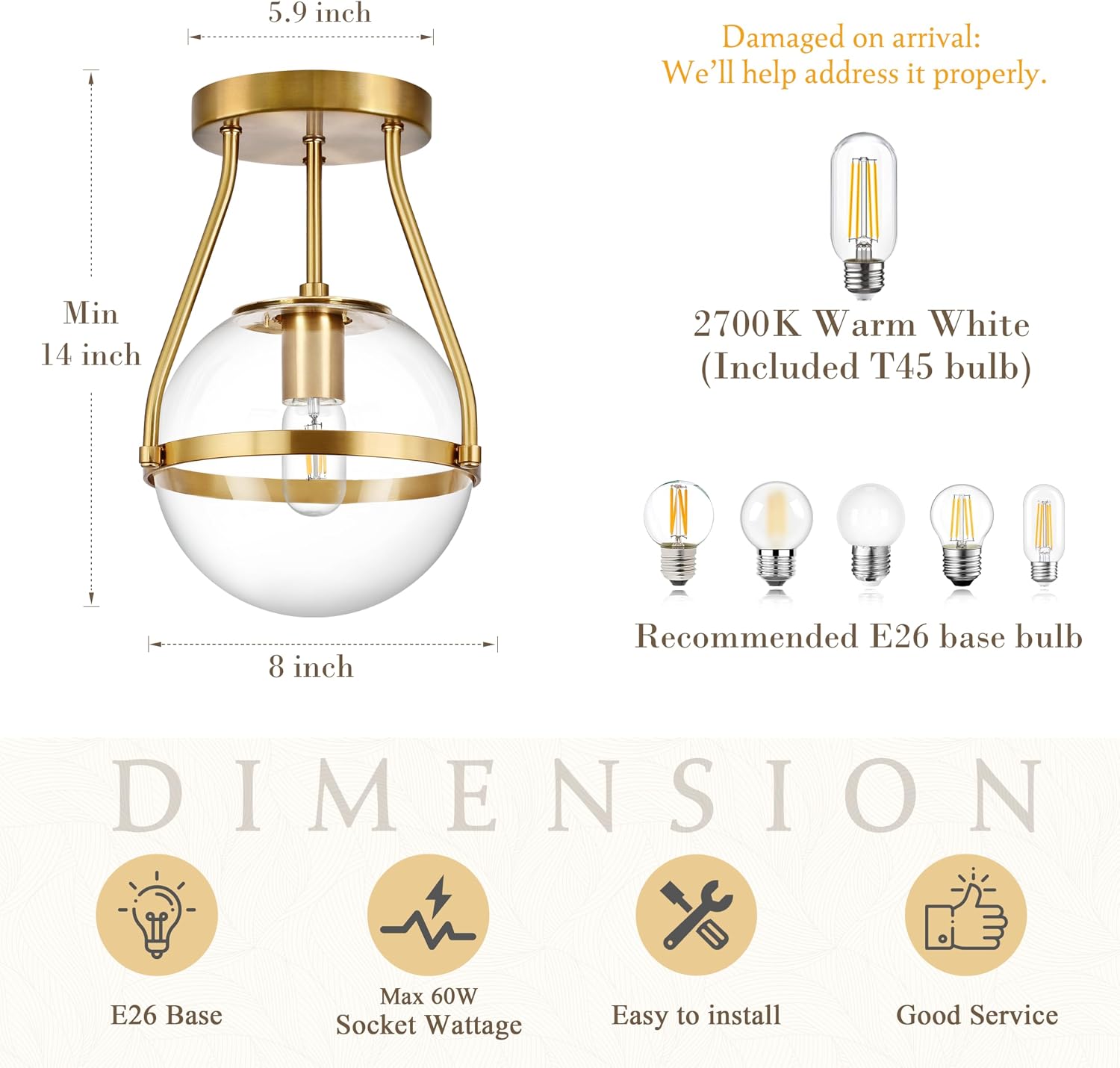 8" Gold Clear Glass Globe Semi Flush Ceiling Light
